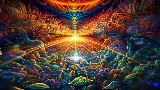 Embark on a psychedelic trip through a surreal landscape where magic mushrooms reveal bright lights, fractal swirls, and trippy hallucination, creating a vivid, magical, and unforgettable journey.
