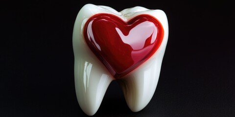 Fototapeta premium Close-up of a white tooth with a small red heart painted or drawn on its surface, potentially for Valentine's Day or a romantic gesture