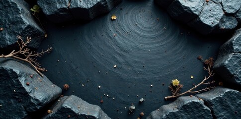 Dark Stone Composition with Scattered Botanical Elements and Swirling Texture