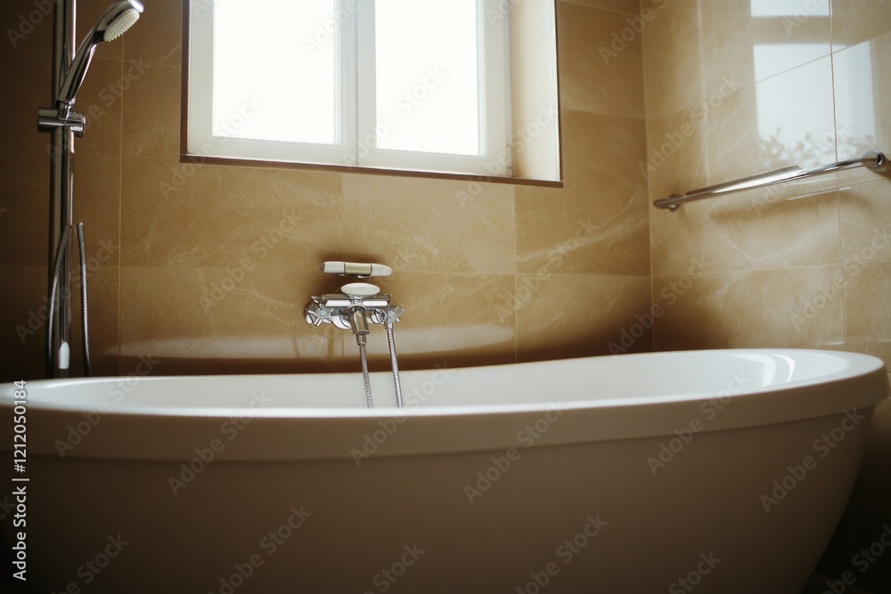 Poster A person taking a bath with a view of the outside world through the window