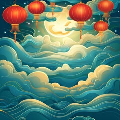 Fototapeta premium Red lanterns hanging in a night sky with a full moon and clouds.