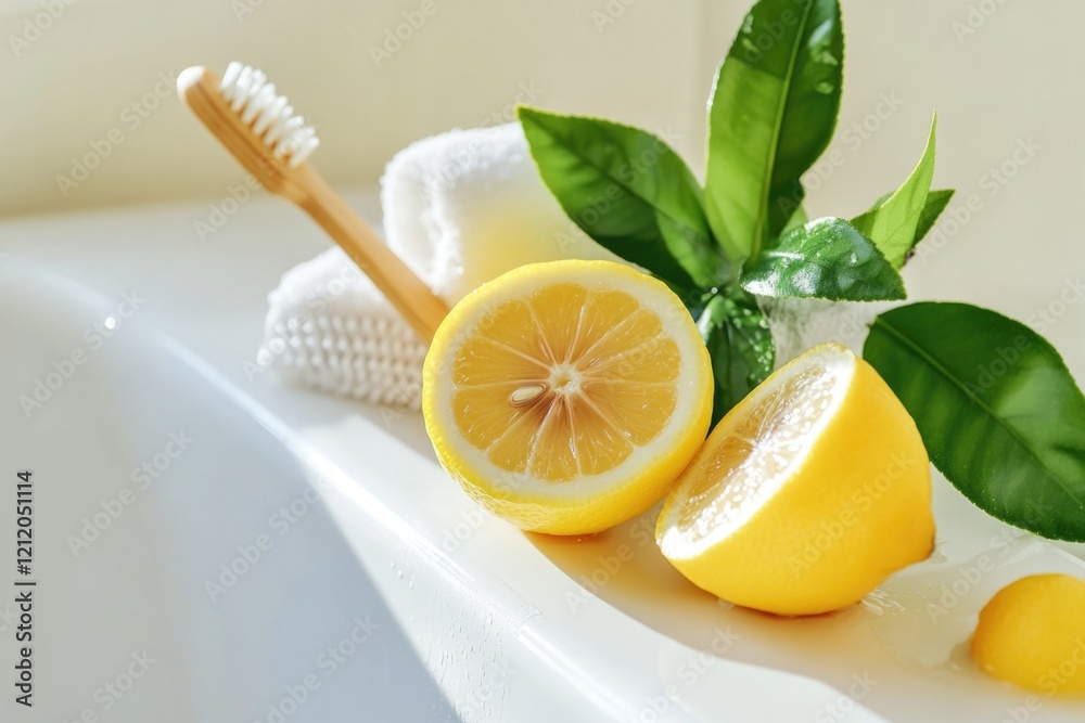 Poster a simple still life scene of two lemons and a toothbrush placed on a countertop