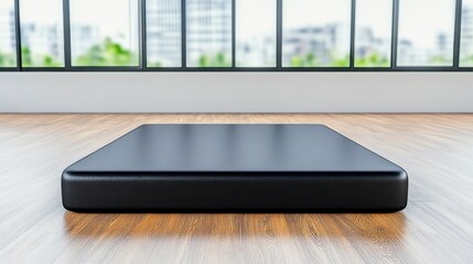 Fototapeta premium Modern Minimalist Black Mattress Against Urban Window View