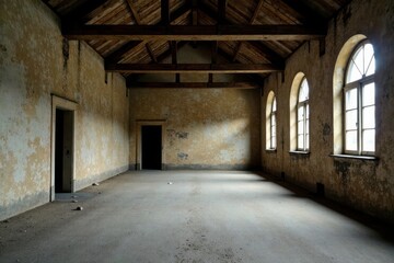 A desolate, aged interior space featuring arched windows and a weathered, pale yellow stucco wall, exposed wooden beams on the ceiling, and a largely empty floor