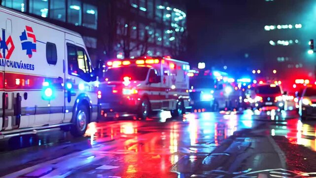 A line of ambulances with flashing lights on a city street at night, showcasing a coordinated emergency response. The scene reflects urgency, dedication, and the critical role of first responders