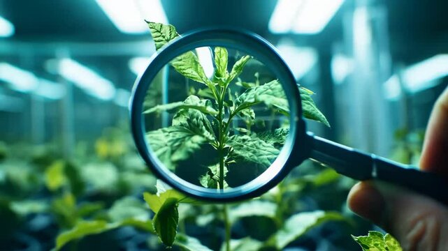 A close-up of a young plant being examined through a magnifying glass in a laboratory setting. The scene highlights scientific research, biotechnology, and the study of plant growth under controlled 