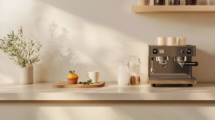 Morning coffee setup: espresso machine, muffin, and a cup of coffee. Perfect start to the day!