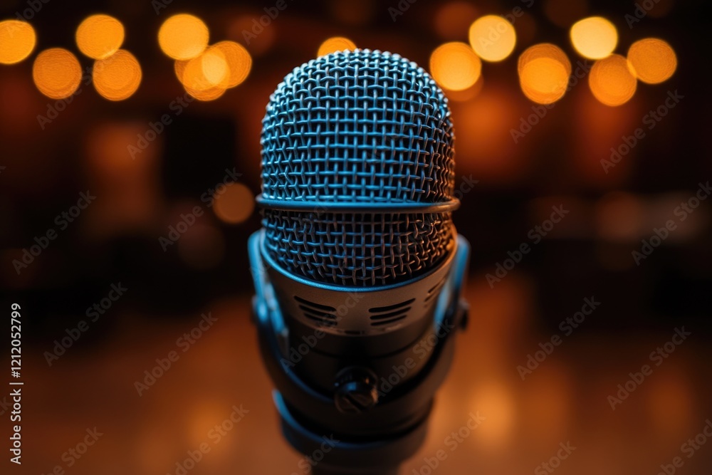 Poster Close-up shot of a microphone on a flat surface, ideal for use in presentations or as a decorative element