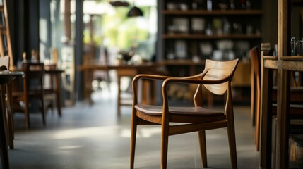 Cozy cafe with wooden chairs and warm lighting