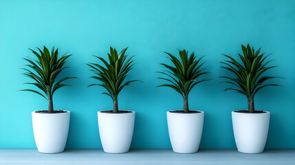 Fototapeta premium Four potted plants, teal wall, interior design