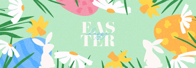 Naklejka premium Happy Easter banner template. Creative Easter vector illustration with bunnies, eggs, spring flowers and grass. Holiday background for design of party, celebration, ad, branding, cover, card, sale.