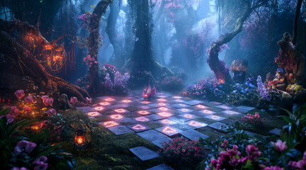 Fototapeta premium Enchanted Forest Game with Glowing Board in Mystical Setting