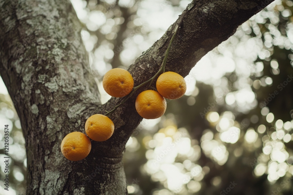 Poster a bunch of oranges hanging from a tree branch