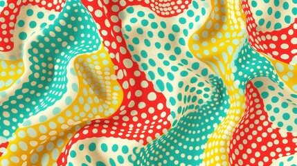 A seamless design of brightly colored dots in red, yellow, and turquoise, forming soft wave patterns on a clean white background.