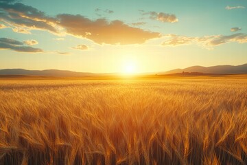 Obraz premium Scenic view of a golden wheat field during sunset, with the sun casting a warm glow over the horizon, peaceful and serene,