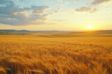 Obraz premium Scenic view of a golden wheat field during sunset, with the sun casting a warm glow over the horizon, peaceful and serene,
