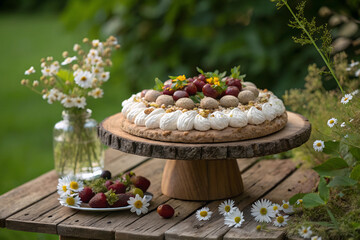 Delightful pavlova showcasing quinoa and chestnut garnished with seasonal blooms, fresh fruits, and eco-friendly decor in a picturesque garden setting