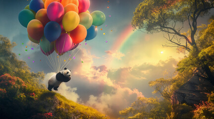 Fototapeta premium Panda Floating with Colorful Balloons in a Dreamlike Landscape on Children's Day