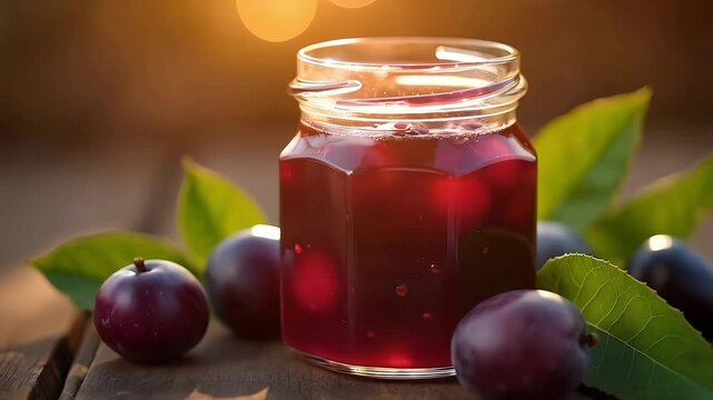 Homemade jar of dark red plum jam, surrounded by fresh plums and vibrant green leaves