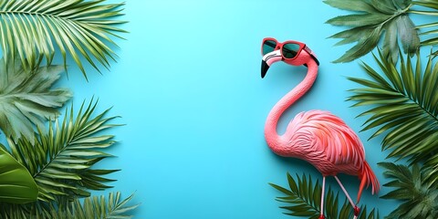 Exotic tropical summer travel background. Summer beach party concept. Summer sale. Pink flamingo in sunglasses, tropical leaves, palm branches on blue background
