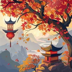 A traditional Chinese temple nestled amidst a picturesque mountain range, with vibrant red lanterns hanging from a maple tree in autumn.
