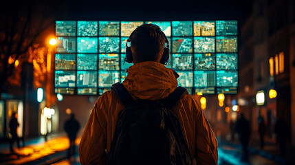 Fototapeta premium Cyberpunk City Night: Man Observes Data Streams on Giant Screens