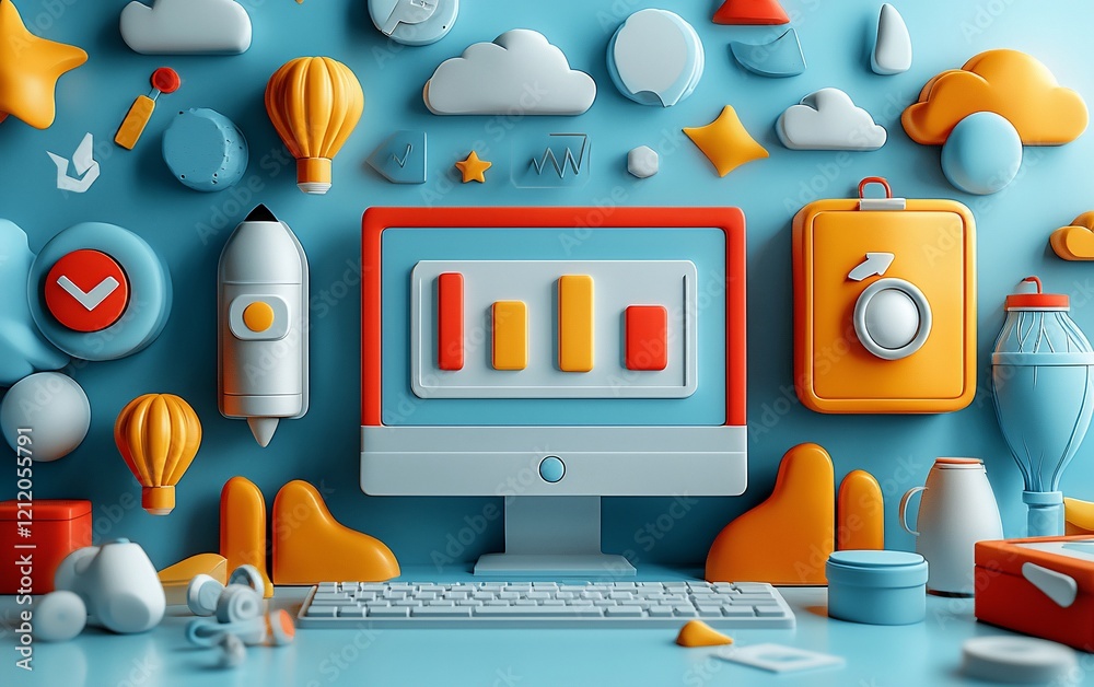 Poster Computer screen displaying bar graph surrounded by colorful 3D icons representing ideas, growth, and progress.