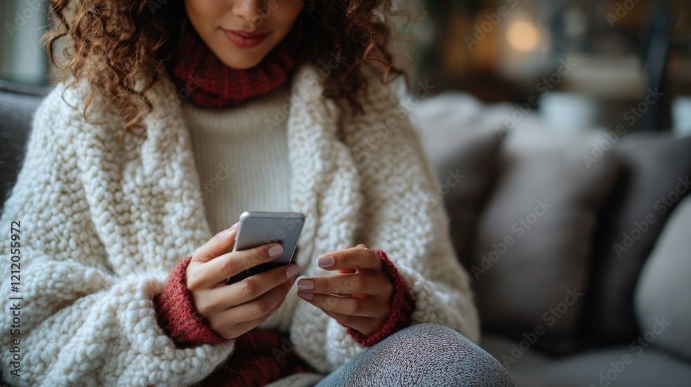 Poster a person relaxing and checking their phone on a sofa