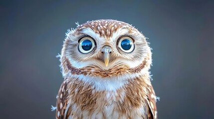 Obraz premium Cute little owl with large blue eyes stares curiously at the camera against a soft blurred background.