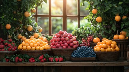 Fresh fruit display on a sunlit wooden counter