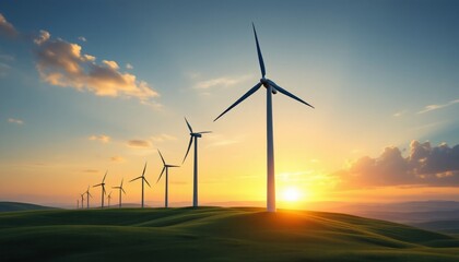 Obraz premium Sunset over wind turbines on rolling hills with majestic sky and renewable energy theme