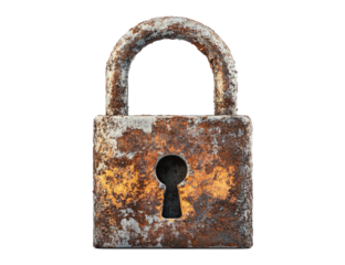 Rusty padlock isolated on transparent or white background