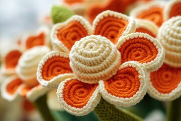 Naklejka premium A detailed view of a handmade, crocheted flower sitting in a vase