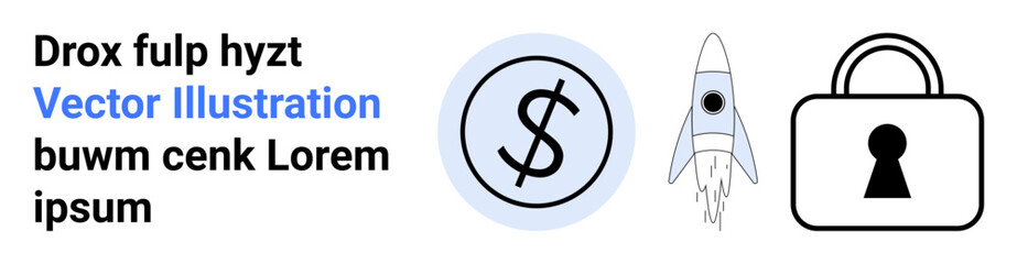 Obraz premium Dollar sign inside circle, rocket launch, security lock symbol. Ideal for finance, technology, growth, investment, security startup innovation. Landing page