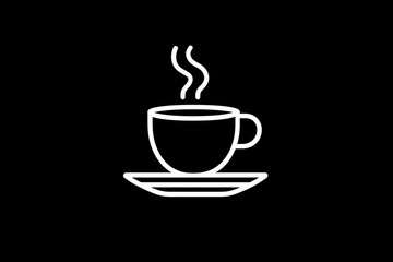Obraz premium Steaming hot coffee cup on saucer, simple white line drawing on black background