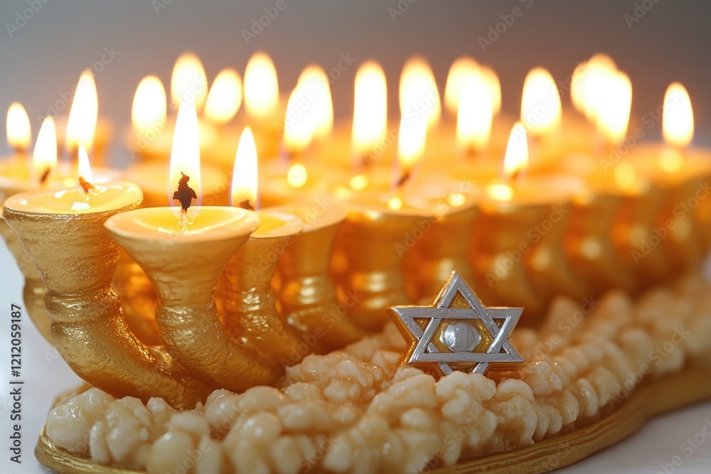 Poster A collection of lit candles placed on a table surface, suitable for use in various settings such as dinner parties or decorative displays