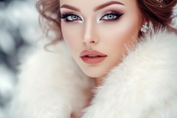 A woman wearing a white fur coat standing still, possibly waiting or observing something