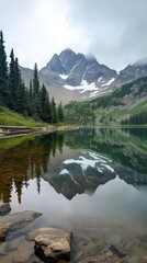 Fototapeta premium Mountain lake reflection, tranquil scene, overcast sky, hiking