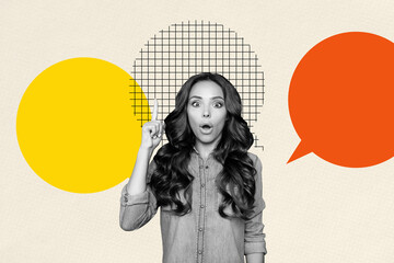 Contemporary poster trend art collage of shocked girl show index finger idea finding bubble communication speech chatterbox