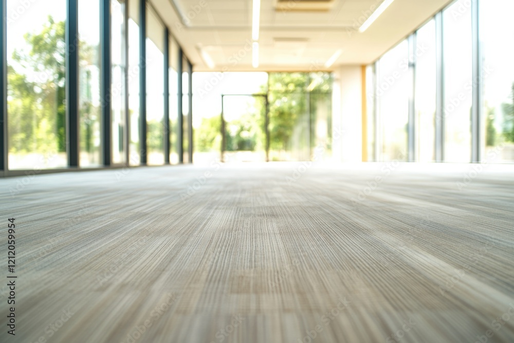 Poster A simple interior scene with a wooden floor and large windows, ideal for use in architectural or design concepts