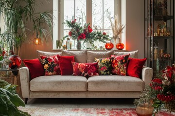 Obraz premium Cozy Living Room Decorated with Red and Gold Accents for Warmth