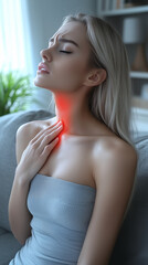 Naklejka premium Mujer se lamenta de un dolor en el cuello y esta se observa iluminada. 