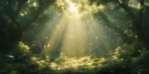 Sunbeams in magical forest.