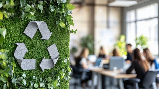 Primer plano de una pared verde con un s&iacute;mbolo de reciclaje en el interior de una oficina moderna, un grupo de personas trabajando juntas en el fondo borroso, con luz solar y efectos bokeh