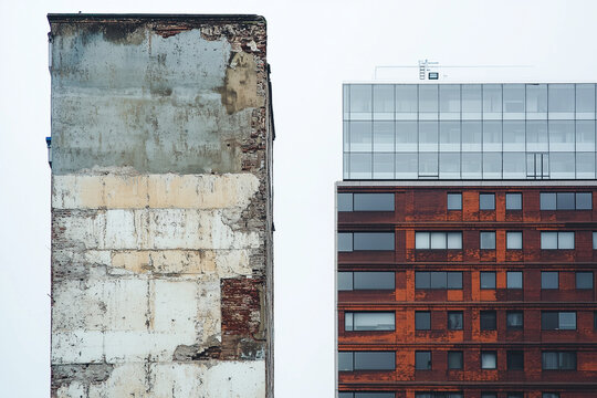 Concepto de gentrificaci&oacute;n: una vieja casa en ruinas que se desvanece junto a un edificio moderno. Ambos edificios, uno antiguo y el otro nuevo, contrastan.