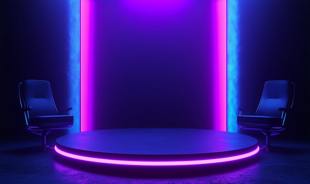 podio circular vac&iacute;o frente a dos sillas de respaldo alto, con luces de ne&oacute;n violetas y azules brillando desde arriba