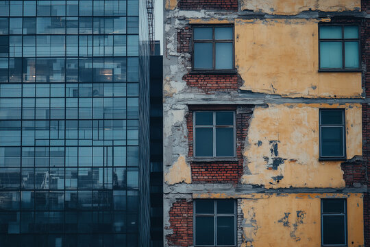 Concepto de gentrificaci&oacute;n: una vieja casa en ruinas que se desvanece junto a un edificio moderno. Ambos edificios, uno antiguo y el otro nuevo, contrastan.