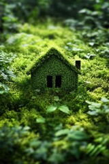 Fototapeta premium A small greenhouse surrounded by trees and foliage in a dense forest