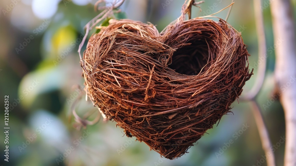 Poster a natural bird's nest suspended from a tree branch, with leaves and branches in the background