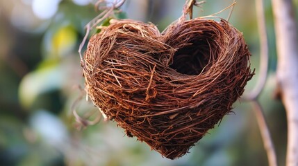 A natural bird's nest suspended from a tree branch, with leaves and branches in the background